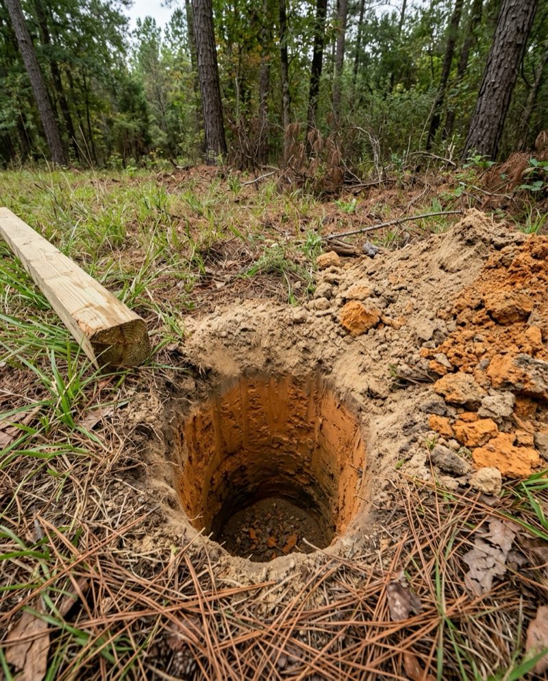 Fresh fence post hole showing sandy topsoil over red clay