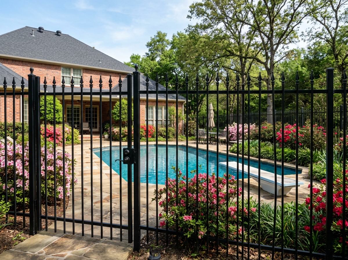 Black ornamental iron fence around a backyard swimming pool